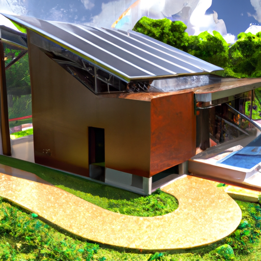 עיצוב בית ידידותי לסביבה הכולל פאנלים סולאריים, גג ירוק ומערכת איסוף מי גשמים.