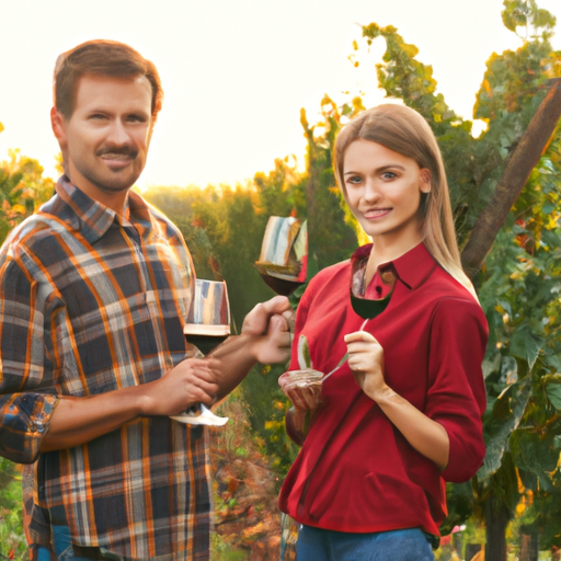 A photo of smiling winemakers in their vineyard, holding a glass of wine