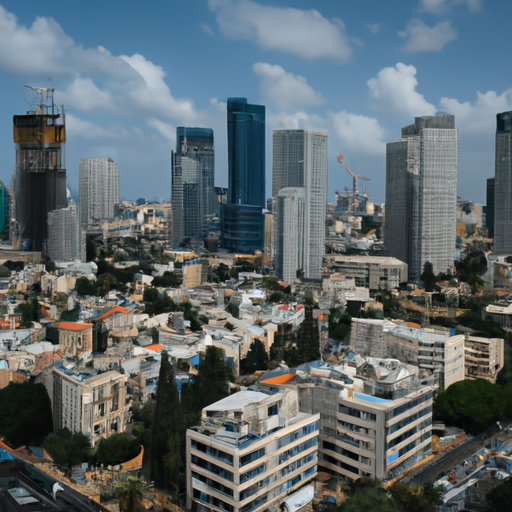 נוף פנורמי של קו הרקיע של תל אביב, המציג מבנים מודרניים וגורדי שחקים